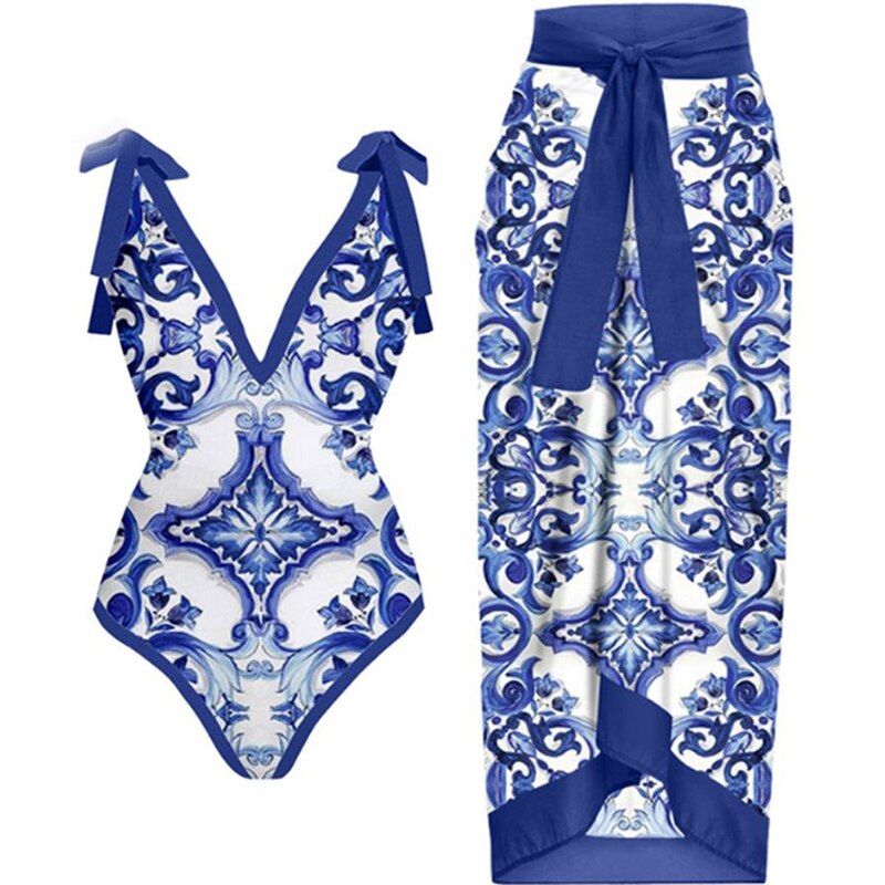 Skirt Cover Up Bodysuit Set Women Bandage Bathing Suit Swimwear Summer New Fashion Print Beach Holiday Bodysuit Cover Up Outfits Blue