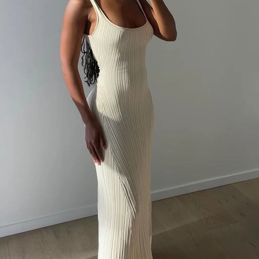 Summer Long Beach Dress for Women Knit Tank Sleeveless U-Neck Party Cocktail Dress Club Streetwear Beige