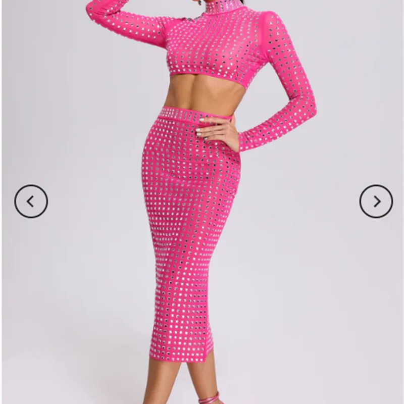 STOCK Sparkling square Diamonds Sexy Mesh See Through Top And Skirt Woman Fashion Set High Street Wear Evening Party Outfit