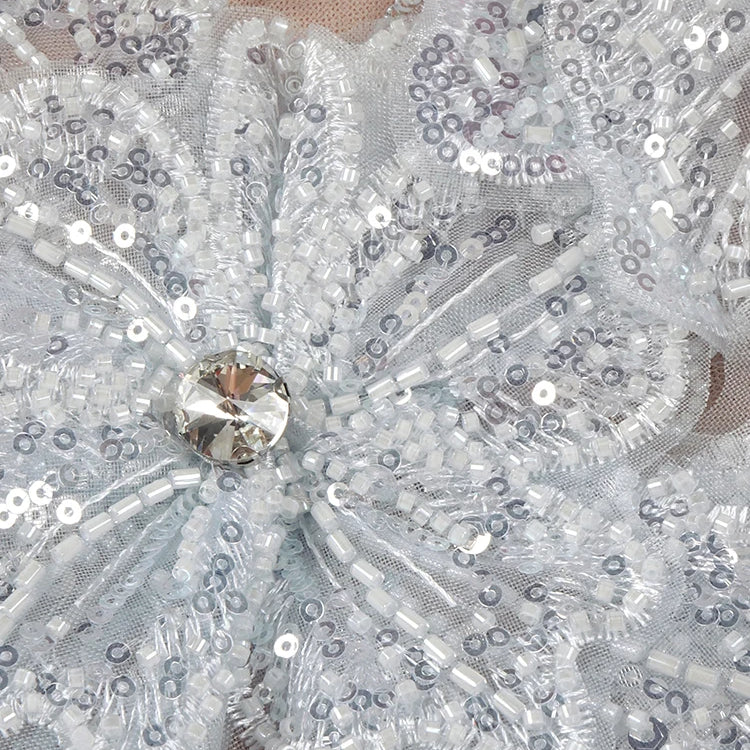 Dreamy Beige 3D Floral Sequin Pearl Design Off Shoulder Strapless Mini Dress for Party Evening Gown