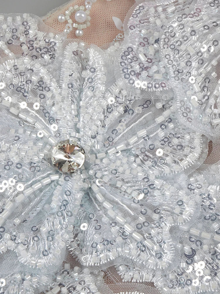 Dreamy Beige 3D Floral Sequin Pearl Design Off Shoulder Strapless Mini Dress for Party Evening Gown