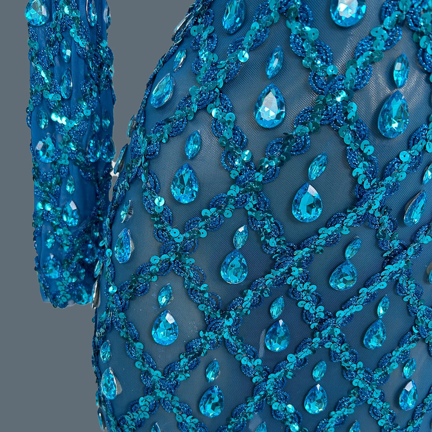 Sparkly Rhinestone Long Sleeved Mesh Dress Luxury Dinner Birthday Celebrate Prom Elegant Sexy Women Skinny Ball Dress Shaokaojia