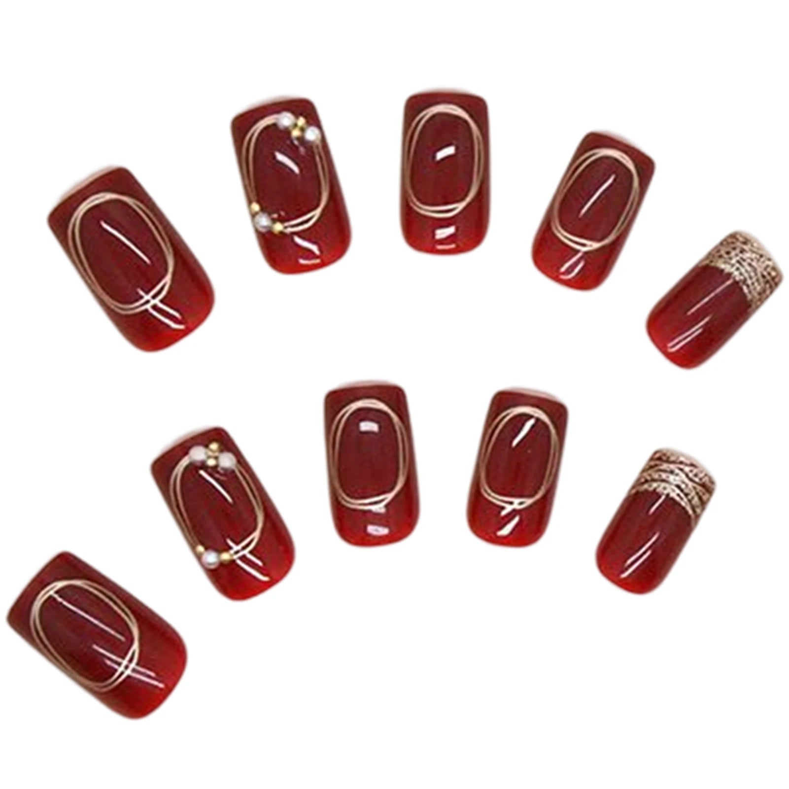 Women New Year Party Wine Red Fake Nails 24Pcs Gold French Press On Nails Short Square Wearable False Nails Patches DIY Manicure