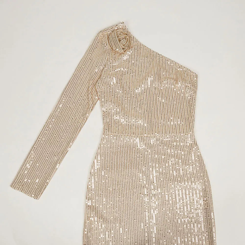 2024 Women's Light Luxury Glitter Dress with Diagonal Collar Single Shoulder Sleeve 3D Flower Decoration Bodycon Long Dresses