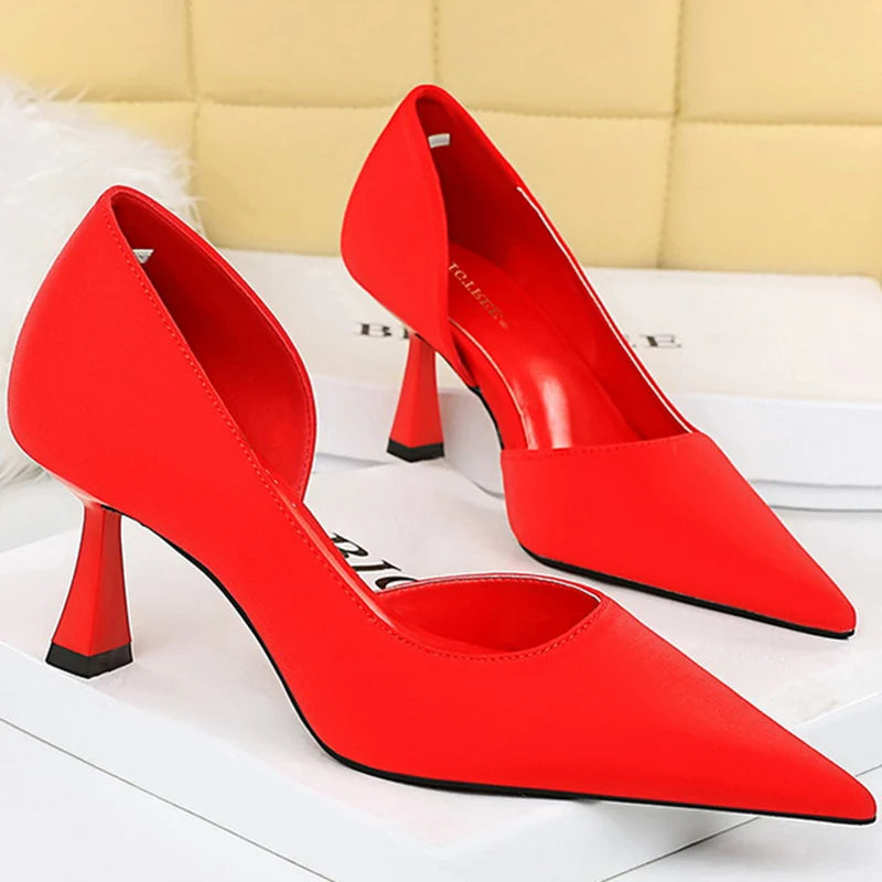 Women 7cm High Heels Green Purple Red Pumps Small Size 34-40 Stripper Evening Silk Escarpins Lady Wedding Bridal Scarpins Shoes