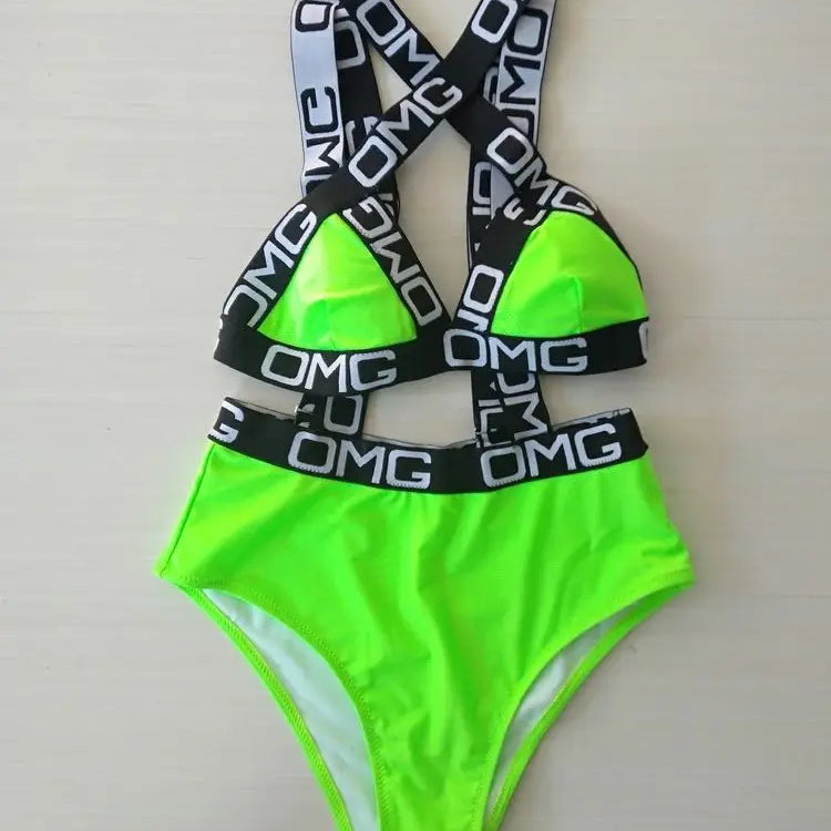 Neon Women Swimsuit Push Up Bikini Swimwear High Waist Bathing Suit OMG Letter Print One Piece Monokini Beachwear Swimsuit