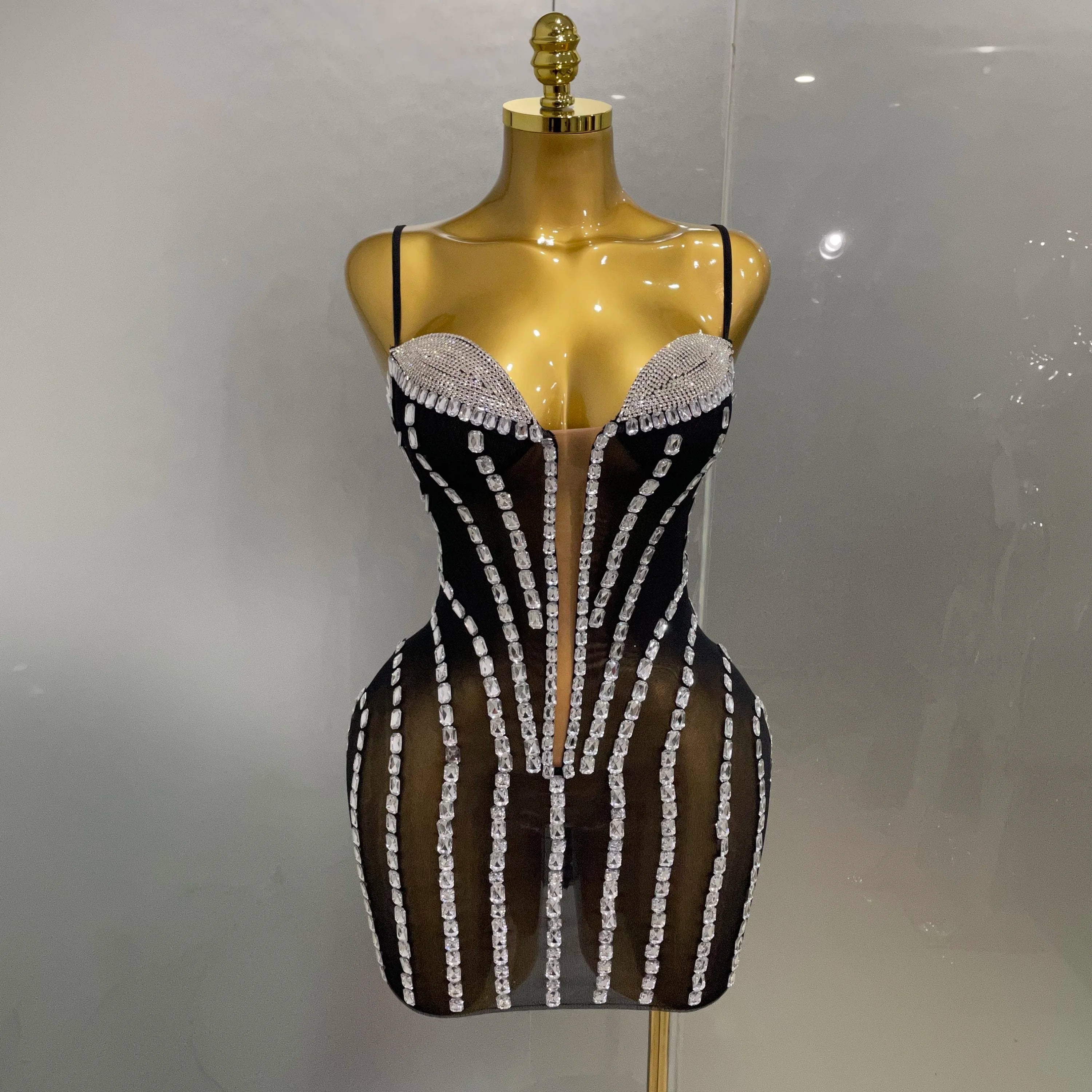 Sexy Sparkly Rhinestones Mesh See Through Short Slip Dress 2025Women Evening Birthday Party Prom Nightclub PhotoShoot Stage Wear black