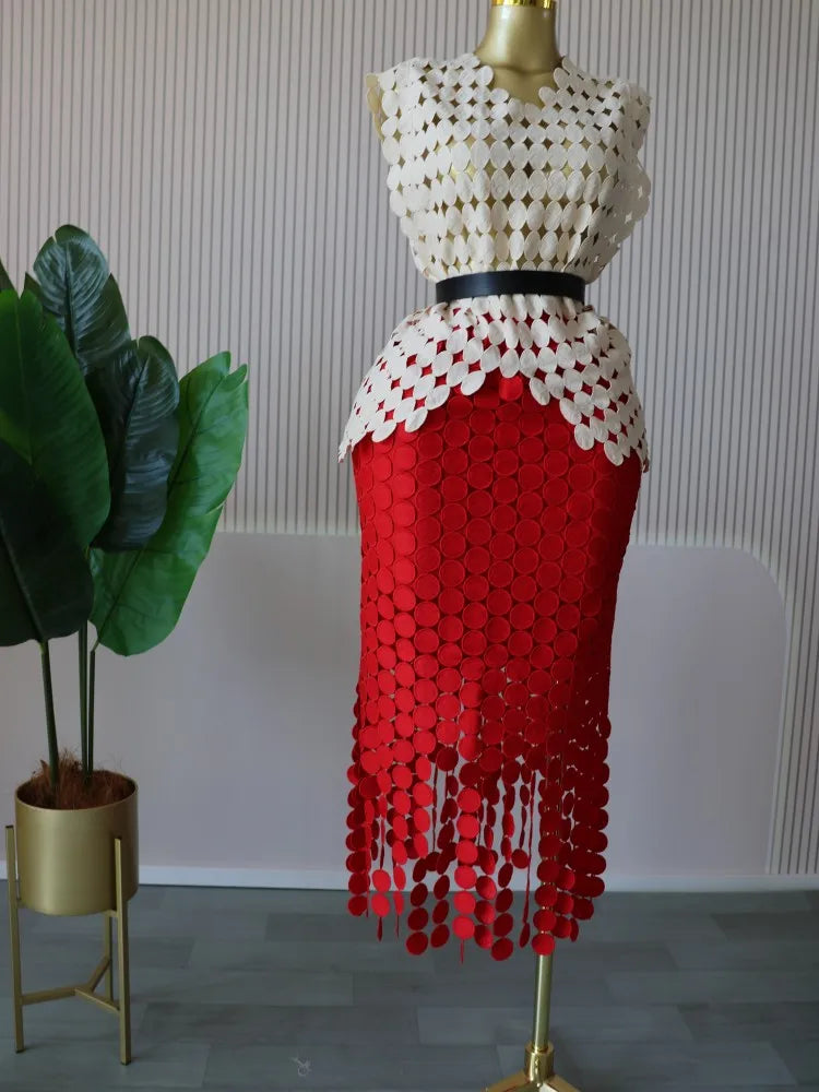 CM.YAYA Women Cutout O-neck Crop Top and Bodycon Midi Slim Maxi Long Skirt Suit 2025 Summer Vacation Sexy Two 2Piece Set Outfits