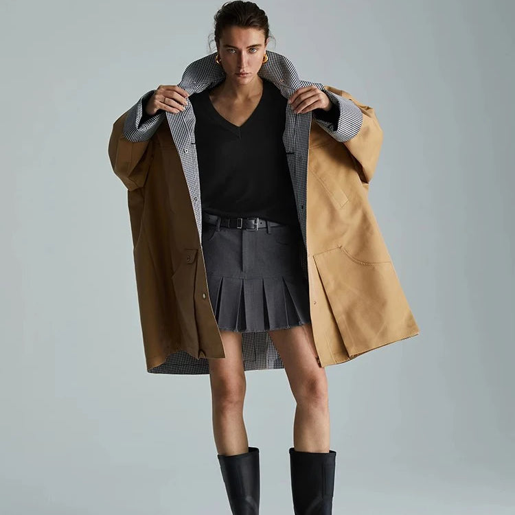 Lautaro Spring Autumn Cool Oversized Waterproof Khaki Patchwork Checkerboard Trench Coat for Women with Detachable Hood Fashion