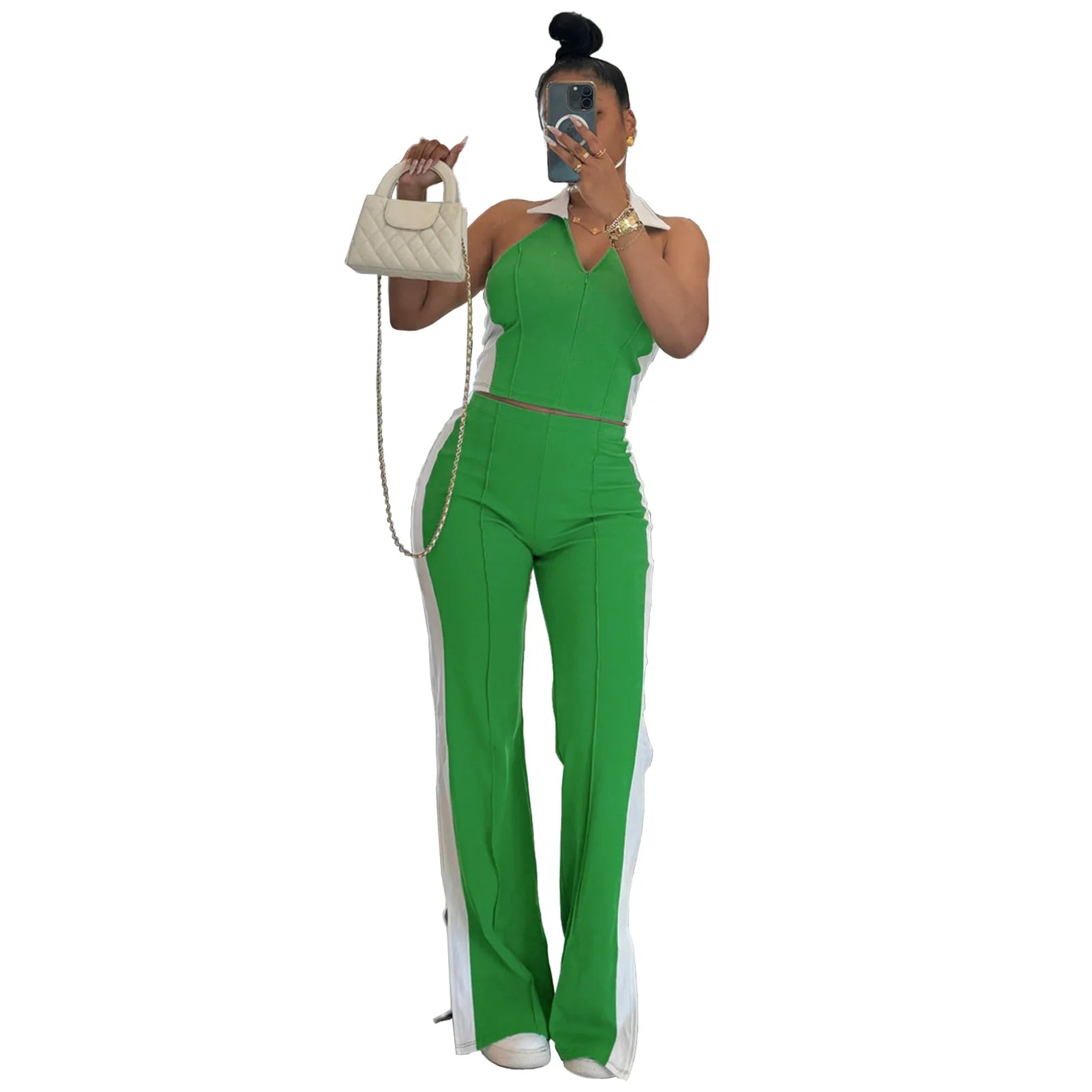 Sporty Patchwork Women's Set Sleeveless Polo-tank Tops and Slit Flare Pants 2025 Active Two 2 Piece Set Outfit Tracksuit Green