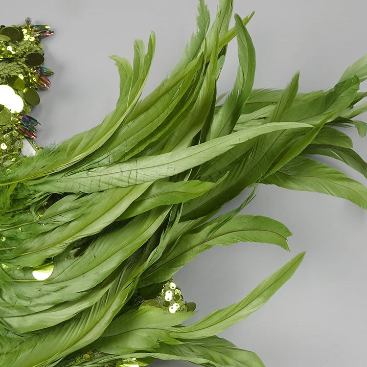 2024 Summer New Green Feather Shining Sequins Strapless Slim High Slit Beads Tassels Party Cocktail Evening Dress