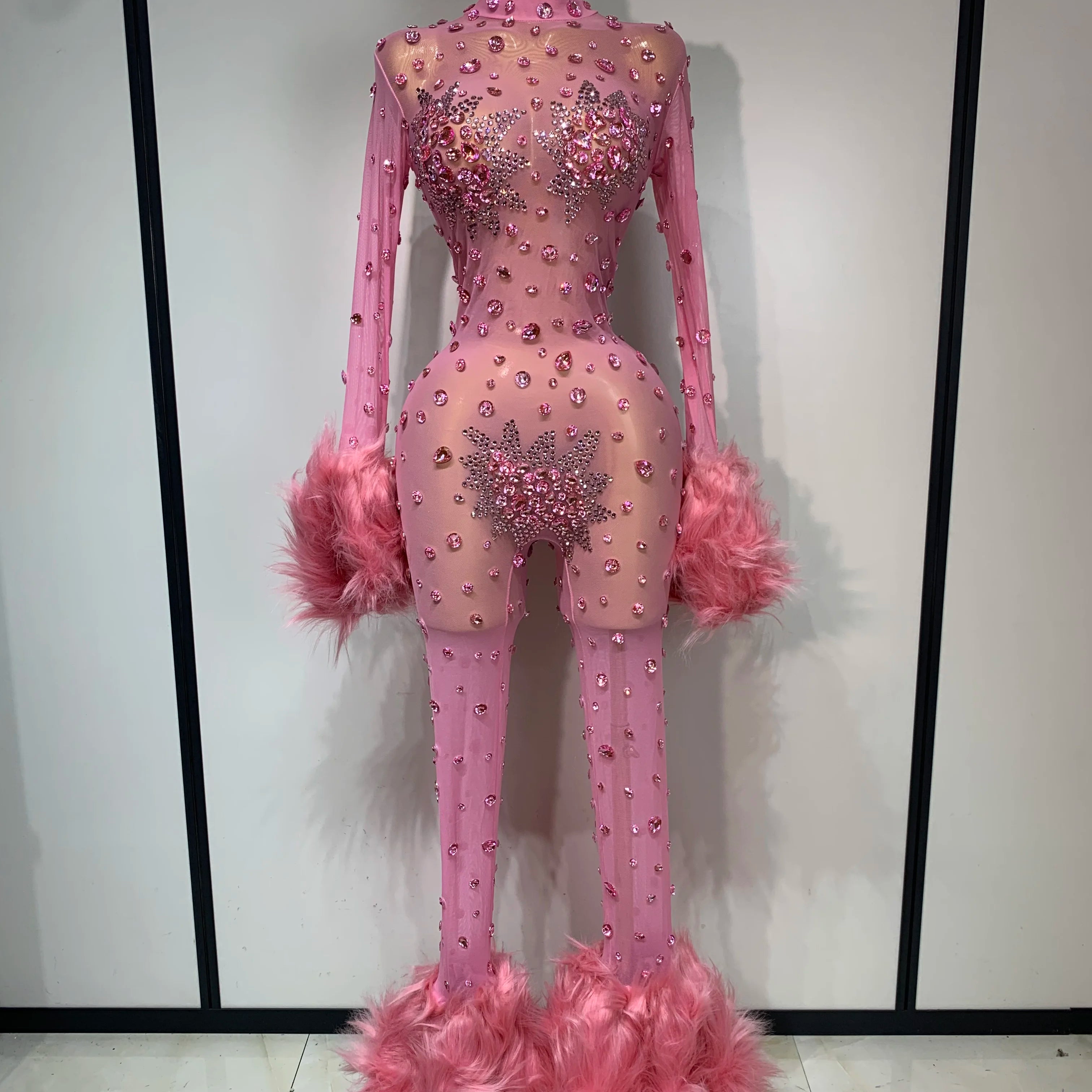 Shiny Diamond Mesh See Through Bodycon Jumpsuit Women Sexy Long Sleeve Performance Singer Costume Nightclub Stage Outfit Pink
