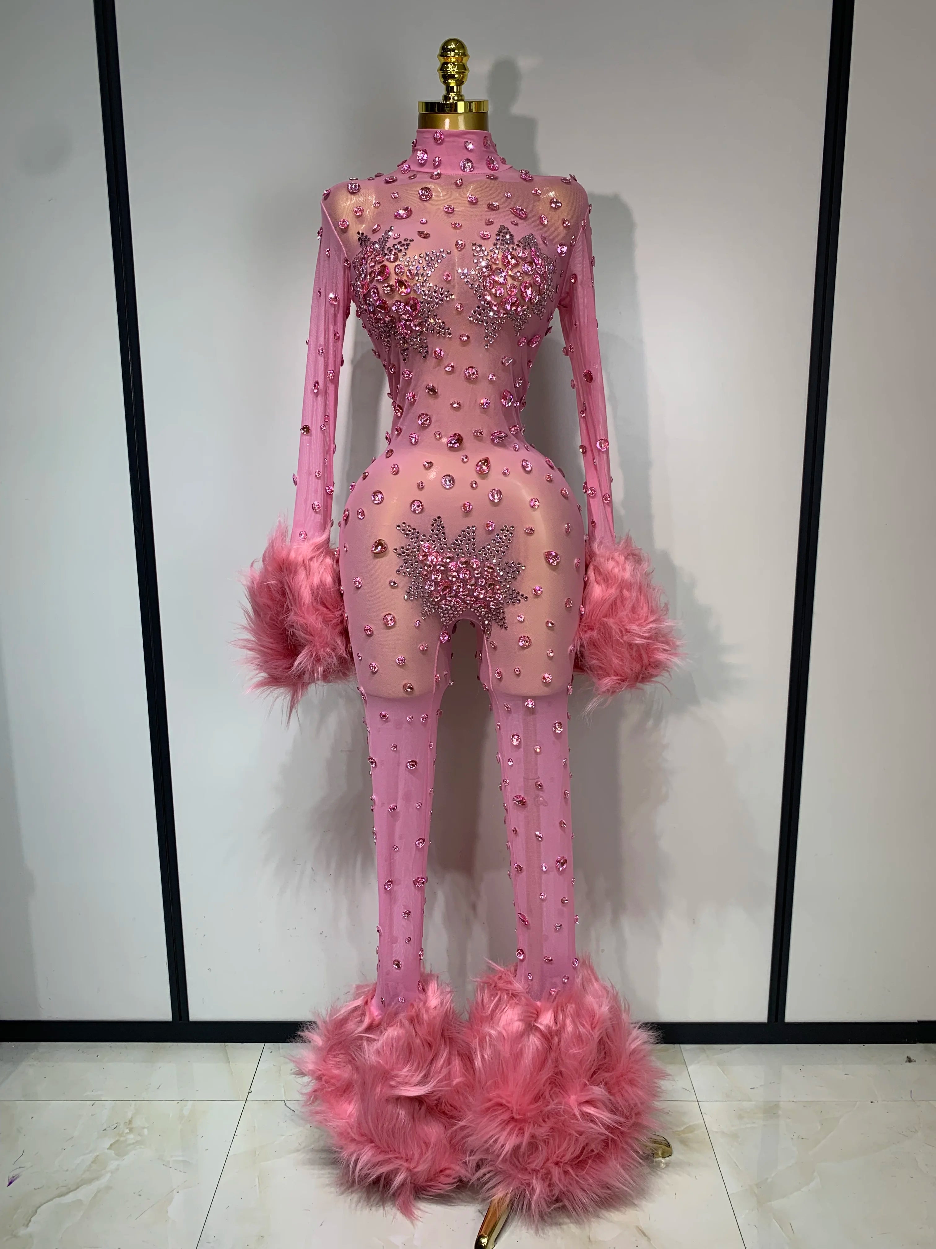 Shiny Diamond Mesh See Through Bodycon Jumpsuit Women Sexy Long Sleeve Performance Singer Costume Nightclub Stage Outfit Pink