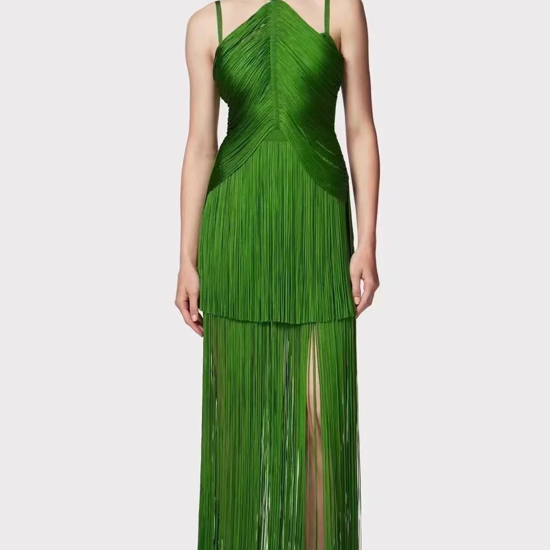 New Black Color Women Sleeveless Sexy Strap Long Tassel Bodycon Bandage Dress Celebrity Red Carpet Evening Party Outfit green