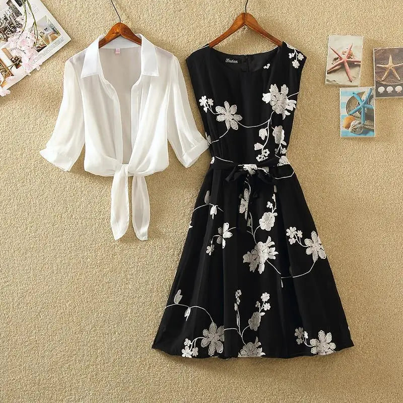 New Elegant Suit Two-piece Dress High Waist Sleeveless Slim A-line Skirt Floral Embroidery White Top Bow Belt Vintage WOMEN Black Suit
