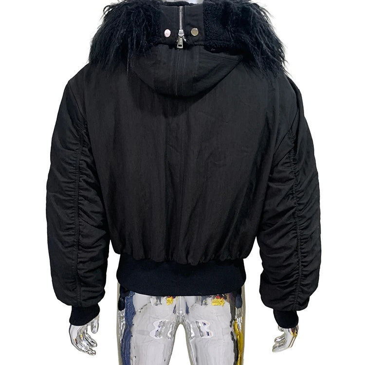 Lautaro Autumn Winter Thickened Warm Short Black Jacket Men with Faux Fur Trim Hood Zip Up Loose Casual Luxury Designer Clothes