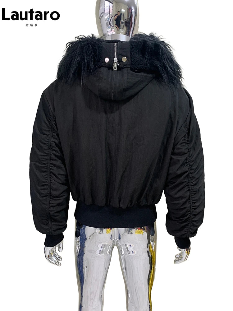 Lautaro Autumn Winter Thickened Warm Short Black Jacket Men with Faux Fur Trim Hood Zip Up Loose Casual Luxury Designer Clothes
