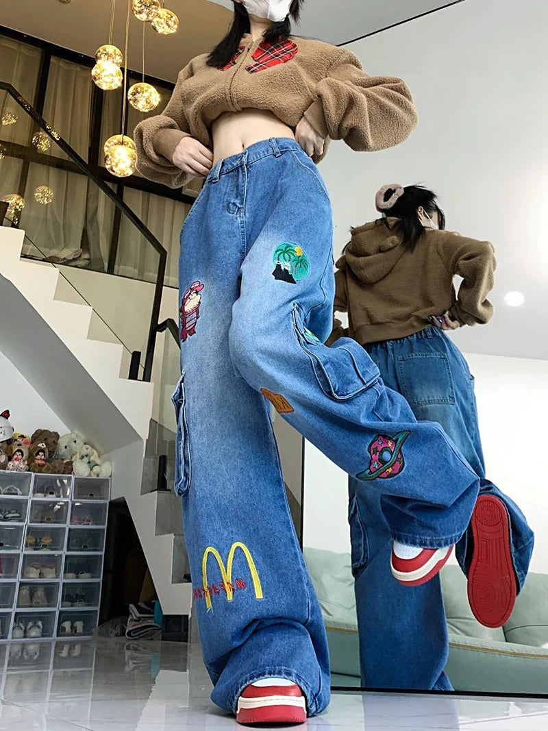 American Pink Cartoon Embroidered Baggy Cargo Mom Jeans for Women Spring New Waist Slimming Wide Leg Pants Trousers Female