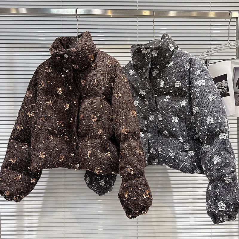 Winter New Fashion Style Sequin Flower Tweed Warm Jacket For Women Loose Cotton-padded Coat Female Trend 11A07496