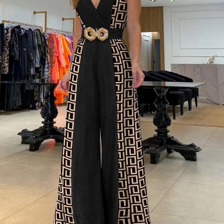 2023 Set of One Fashion Pieces for Women Outfits Geometric Print Wide Leg Jumpsuit Without Belt Casual Ropa Mujer Free Shipping