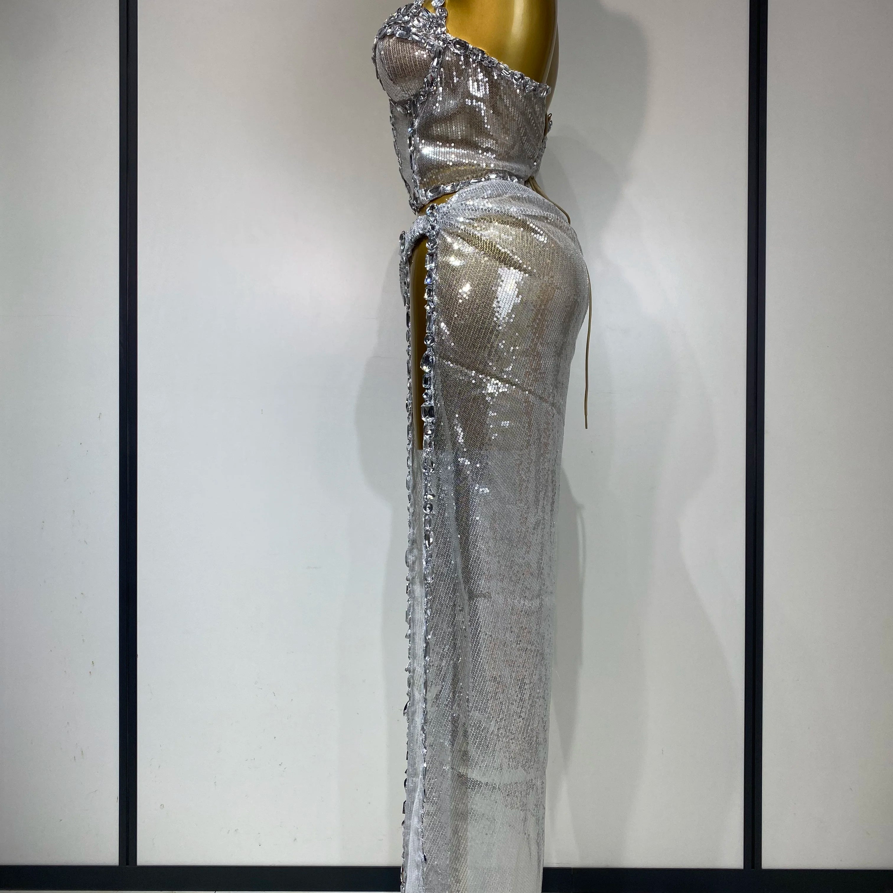 Women Sparkly 2025 Silver Rhinestones Top Long Skirt Two Pieces Set Singer Dancer Performance Costume Nightclub Stage Wear