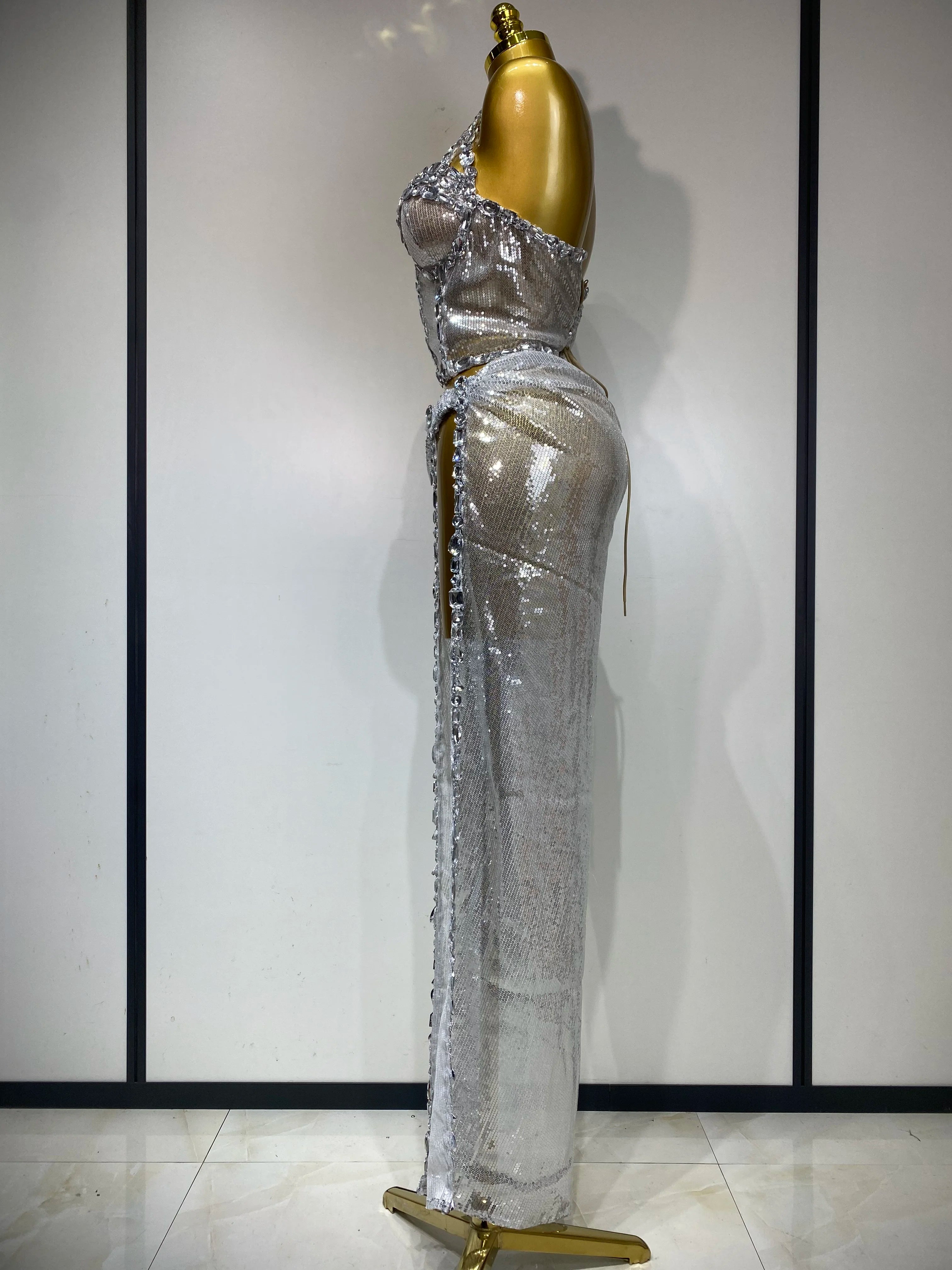 Women Sparkly 2025 Silver Rhinestones Top Long Skirt Two Pieces Set Singer Dancer Performance Costume Nightclub Stage Wear