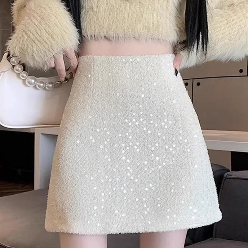 ABRINI Women Office High Waist A-line Tweed Skirt Party Mini Slim Skirt Chic Shiny Slim Skirts For Women Spring Summer