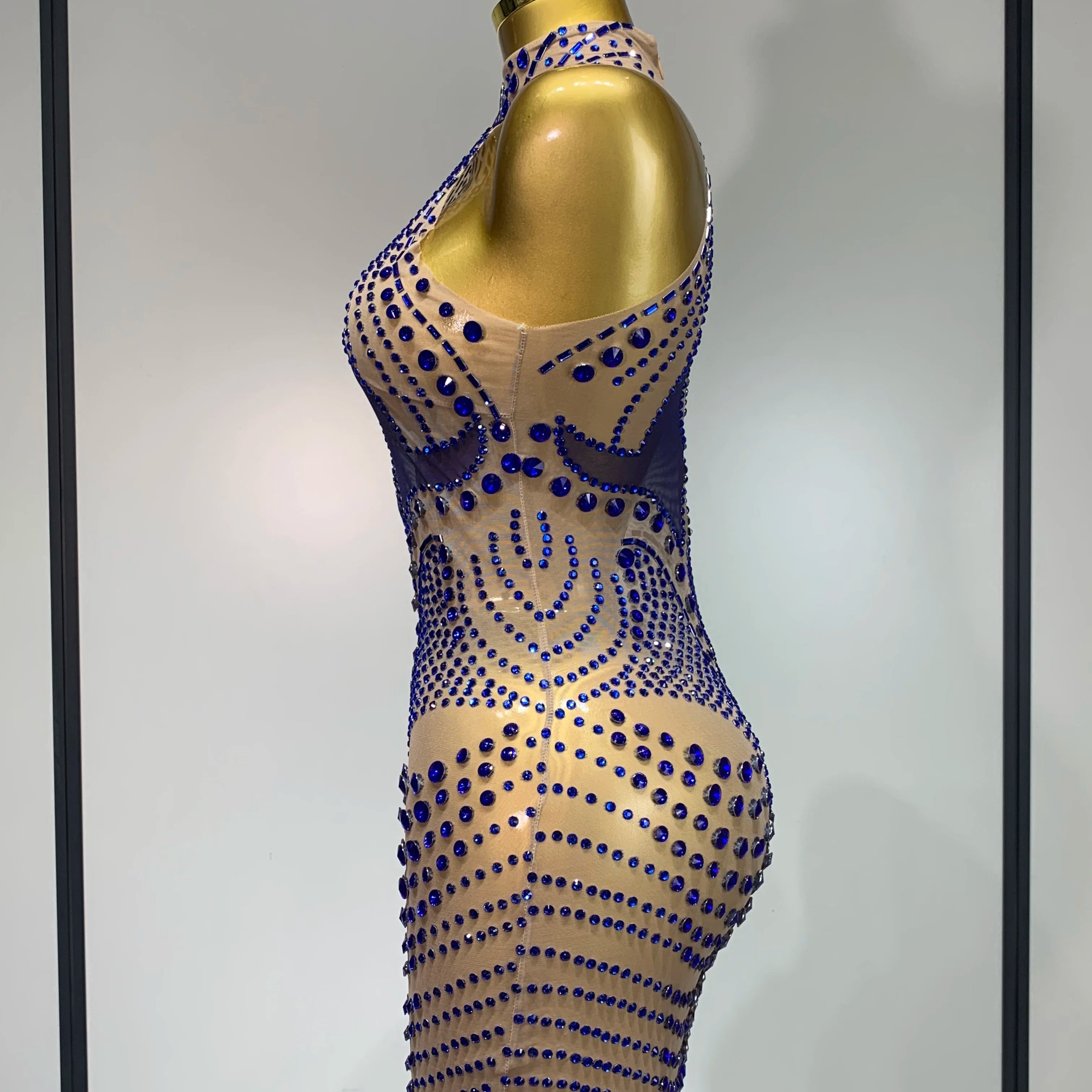 Luxury Birthday Dress Women Rhinestones Sexy Transparent Mesh Mini Dress Evening Party Nightclub Stage Performance Costume