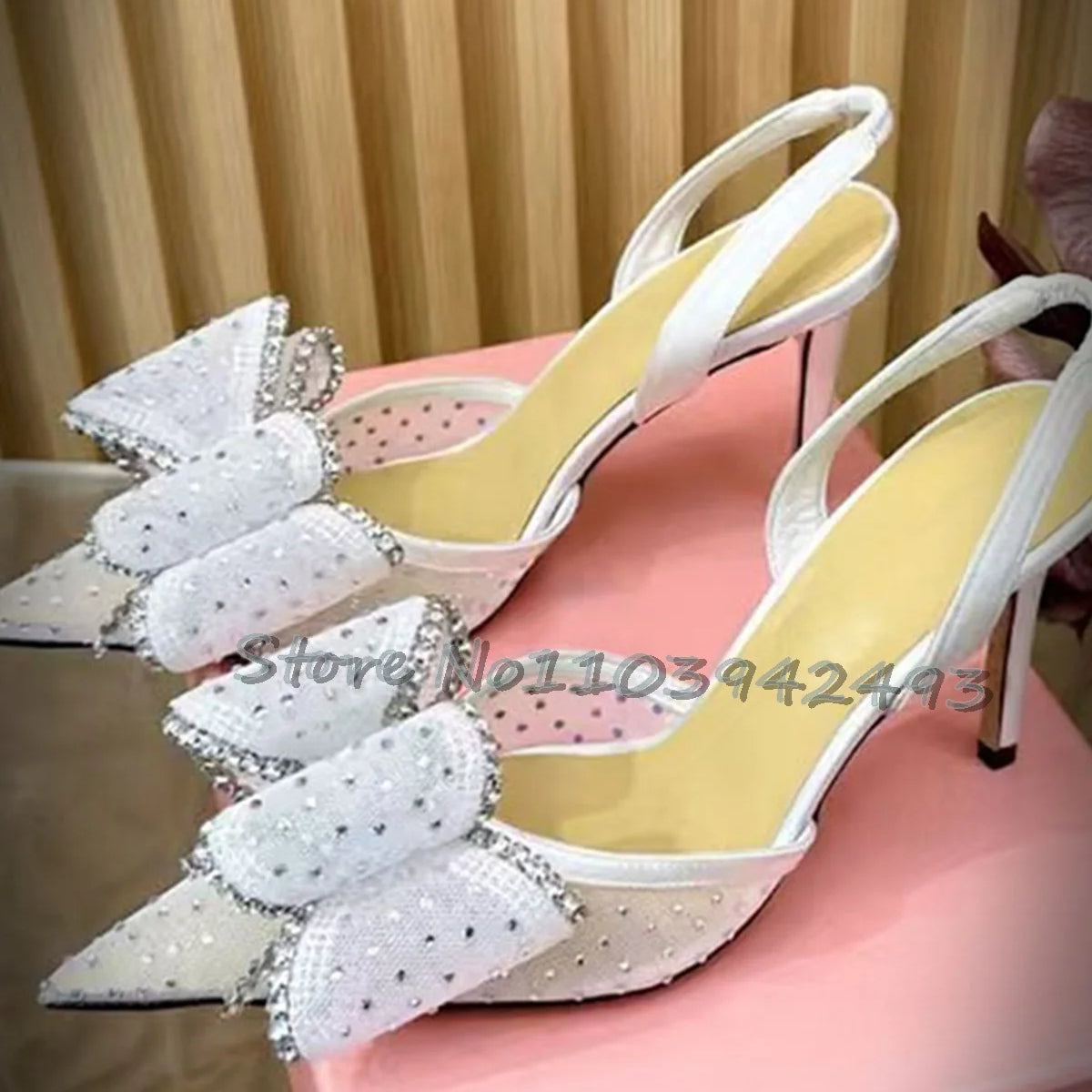 Rhinestones Mesh Heeled Sandals Pink Heels Slip On Pull On Shoes Summer Butterfly-knot Women Luxury Designer Shoe Fairy Sandalia WHITE