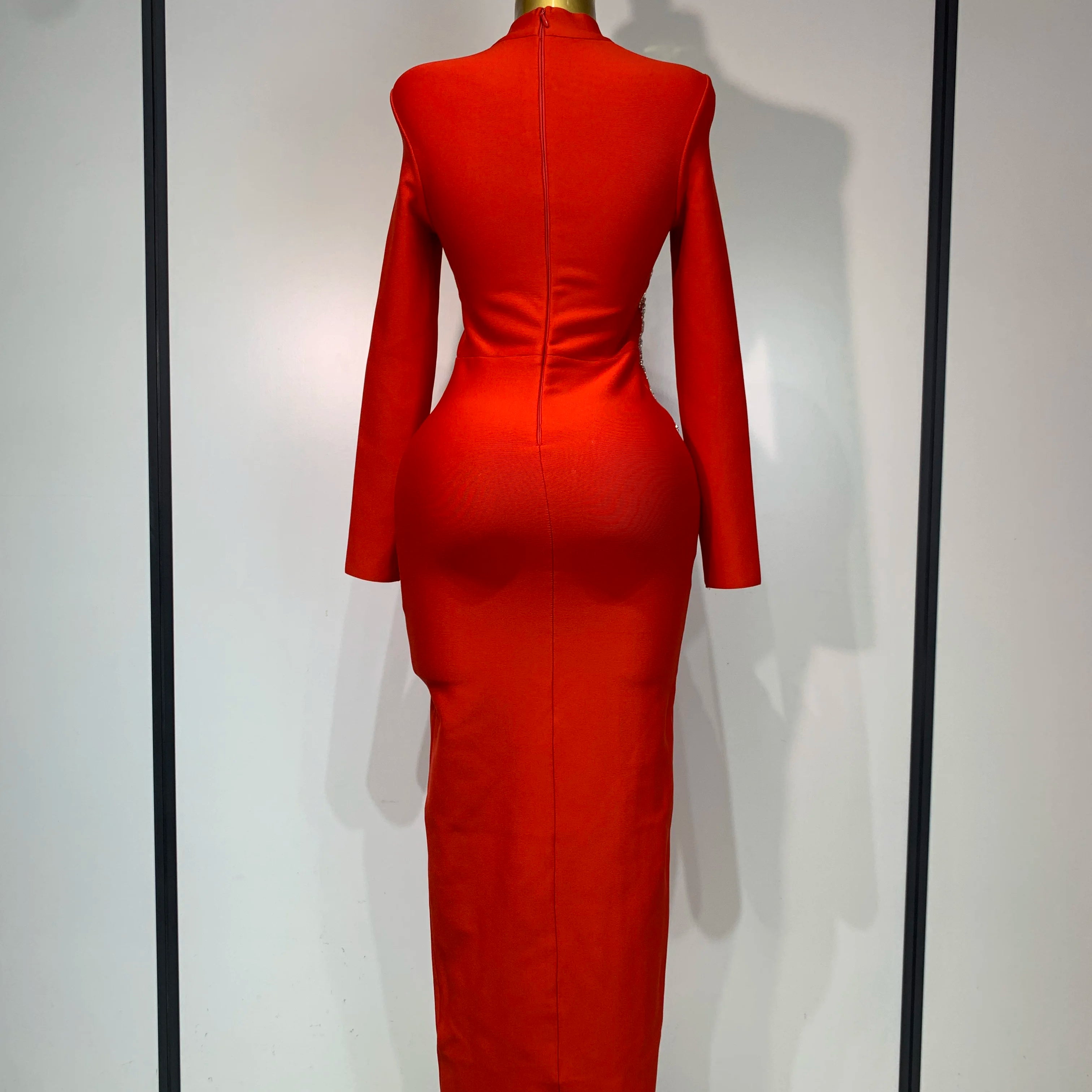 Sparkly Rhinestone Long Sleeve Red Bodycon Bandage Dress Women Wedding Evening Club Party Prom Gowns Luxury Birthday Dresses