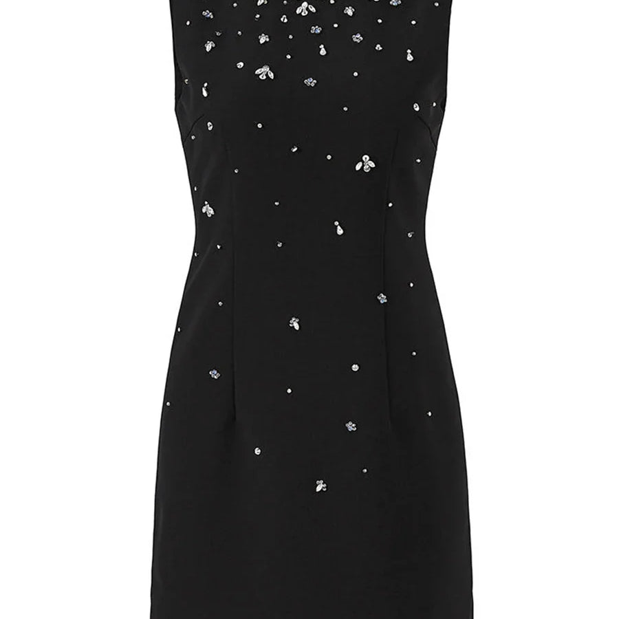 Solid Slimming Spliced Bead Luxurious Mini Dresses for Women Round Neck Sleeveless Temperament Dress Female Fashion BLACK