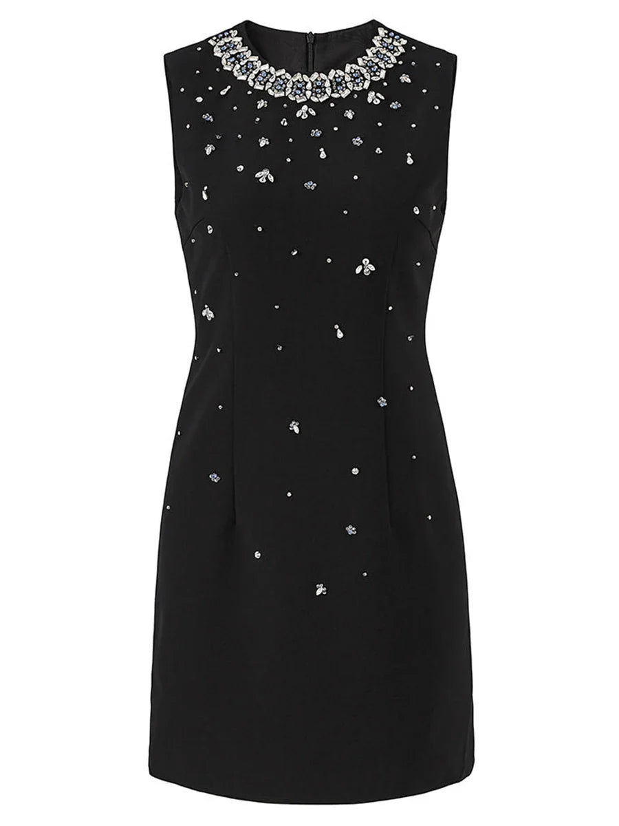 Solid Slimming Spliced Bead Luxurious Mini Dresses for Women Round Neck Sleeveless Temperament Dress Female Fashion BLACK