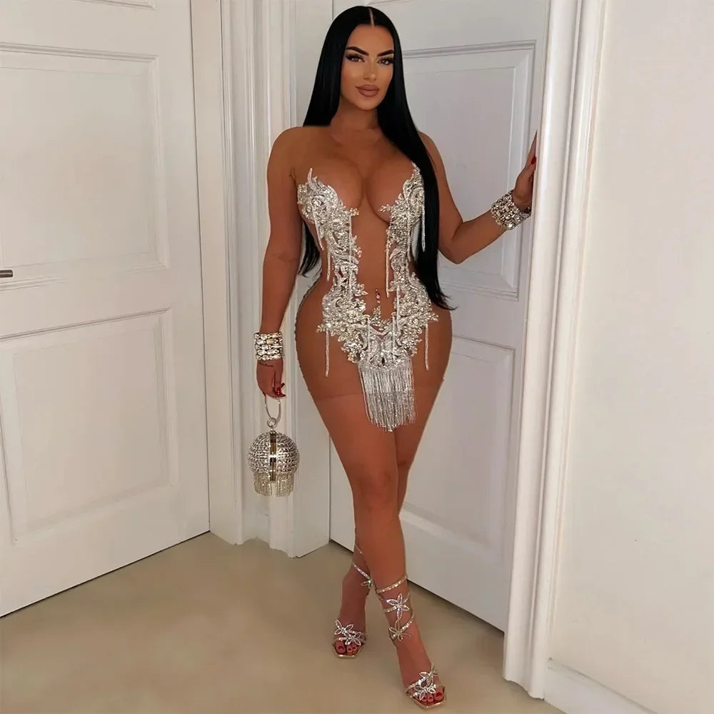 CM.YAYA Women O-neck Sequined Tassel Mini Dress Sleeveless Mesh See Through Sexy Pencil Dresses Sexy Fashion Vestidos Summer