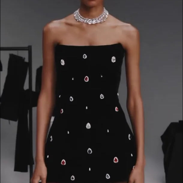 2025 New Spring Black Color Women Sexy Strapless Colorful Crystal Bodycon Mini Bandage Dress Nightclub Party Celebrate Outfit