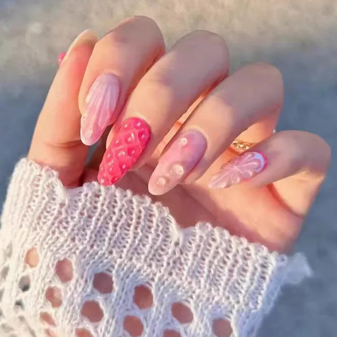 24Pcs Mid-length Almond Fake Nail with Blue Stripe Smudge Design Press on Nails for Woman Datachable Full Cover False Nails Tips DS42