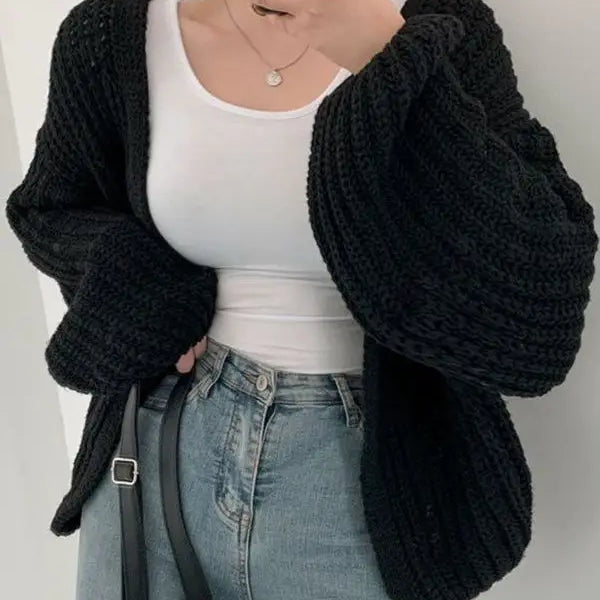 Women Cardigan Sweater Coat Casual Loose Knitted Solid Coat Autumn Winter For Women Lantern Sleeve Sweet Overcoat BLACK One Size