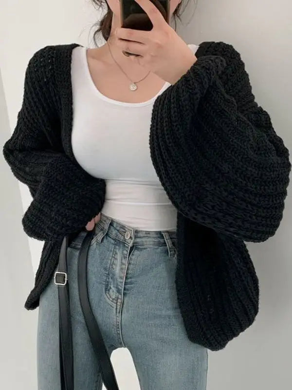 Women Cardigan Sweater Coat Casual Loose Knitted Solid Coat Autumn Winter For Women Lantern Sleeve Sweet Overcoat BLACK One Size