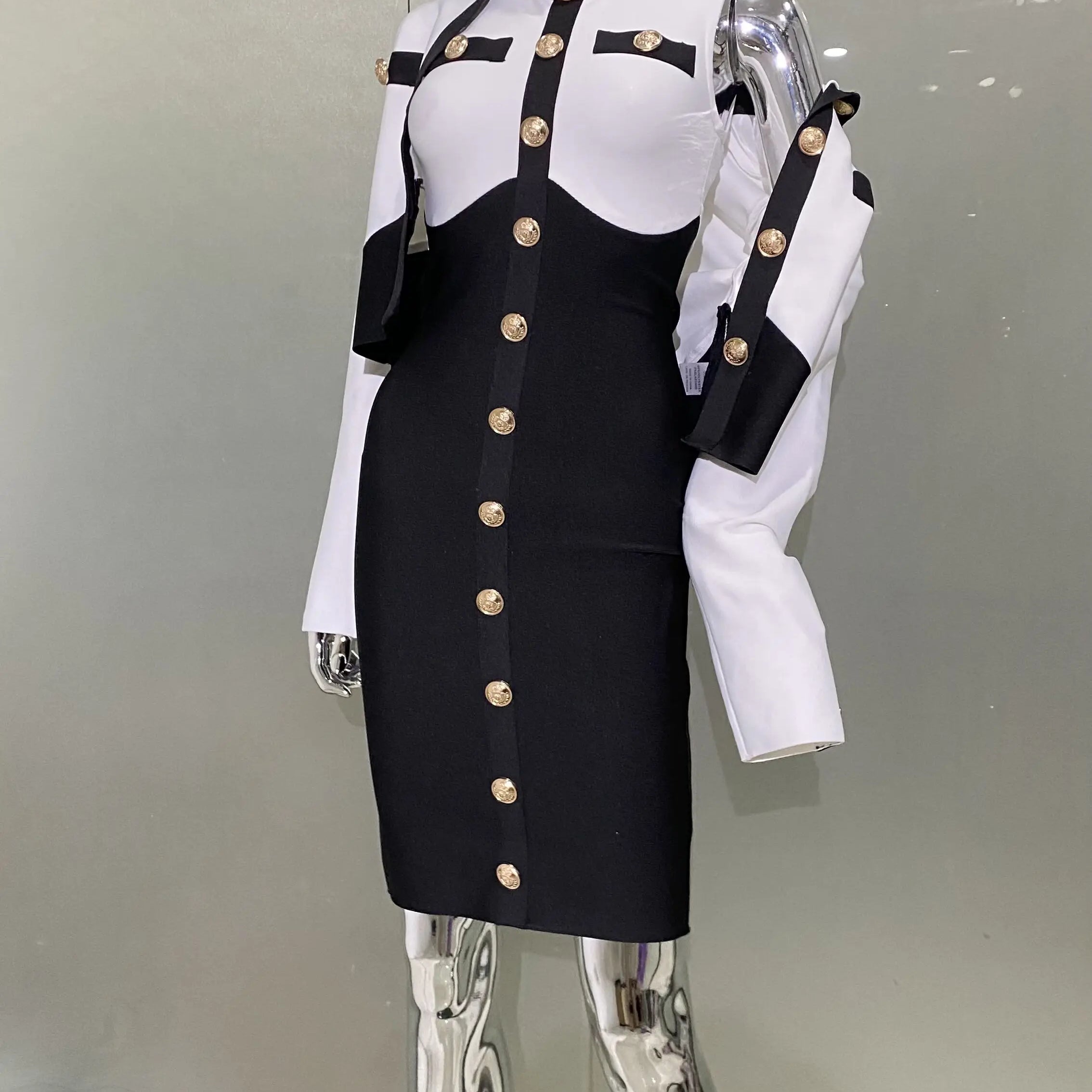 New Arrivals Fashionable Women's Bandage Set Golden Buttons White Patchwork Black Coat And Sleeveless Bodycon MIini Dress