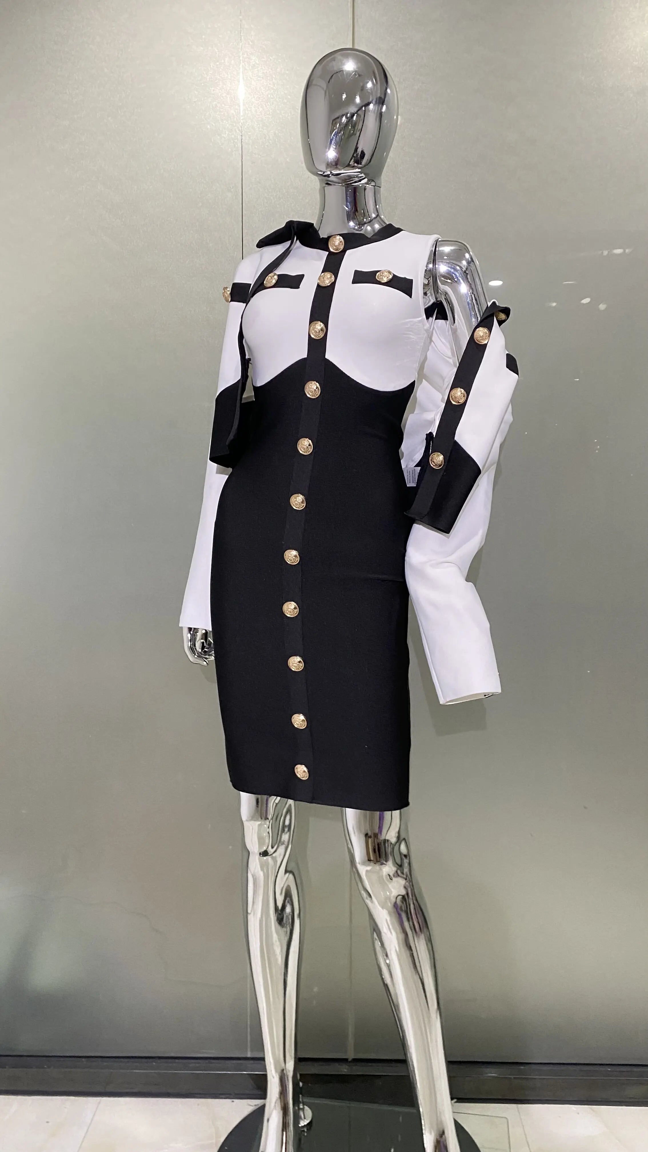 New Arrivals Fashionable Women's Bandage Set Golden Buttons White Patchwork Black Coat And Sleeveless Bodycon MIini Dress