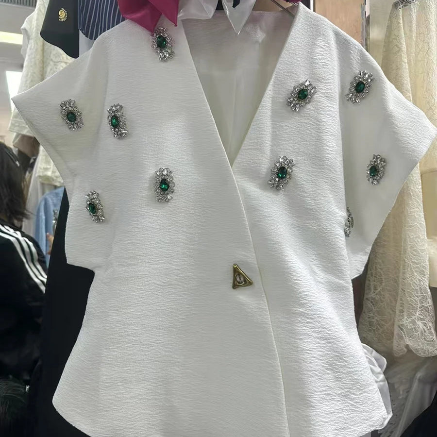 Solid Spliced Bead Luxurious Jackets for Women V Neck Short Sleeves Patchwork Button Elegant Jacket Femlae Fashion WHITE