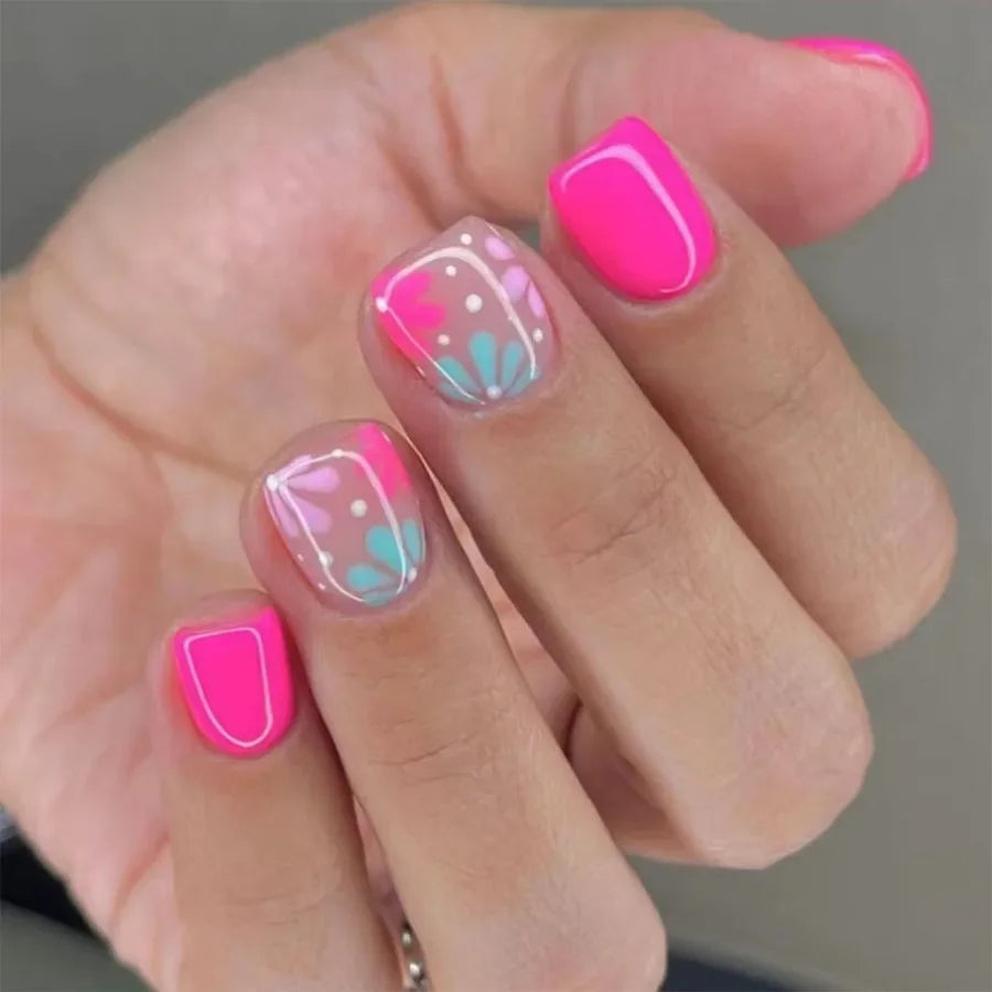 24pcs/box Glossy Short Square Fake Nails Colorful French Tip Press On Nails Flower Pattern Spring Summer False Nails For Women A606