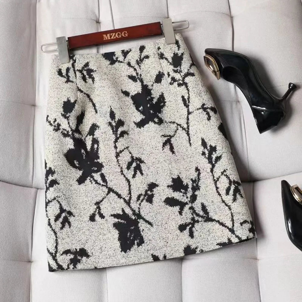 Autumn 2023 High Waist A-line Skirts Light Mature One Step Skirt Ladies Medium Length Retro Wrapped Hip Skirt Jacquard Skirt