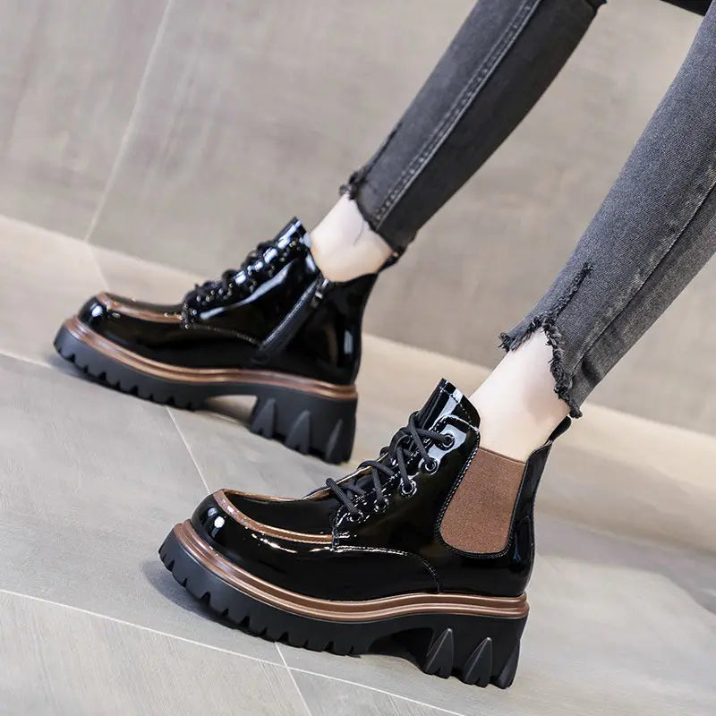 Punk Style Combat Platform Female Ankle Boots Chunky Elastic with Laces Lace-up Booties Footwear Short Shoes for Women New