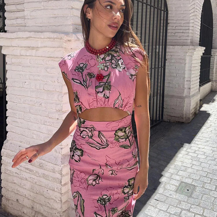 TRAFZA Women Summer Dresses Pink Print O-Neck Sleeveless Hollow Out Decorate Slit Zipper Female Fashion Bohemian Style Dress