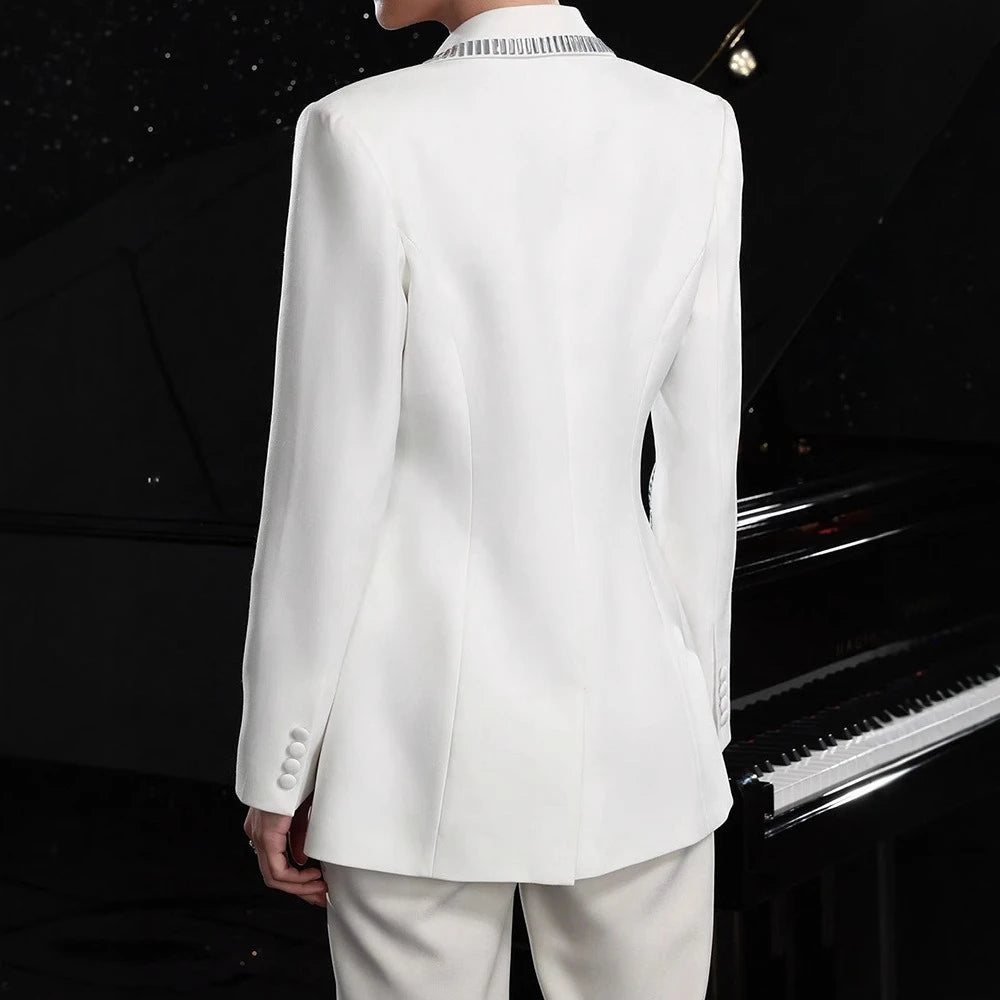 Solid Slimming Spliced Hot Fix Jackets for Women Lapel Long Sleeves Patchwork Single Breasted Jacket Female Clothes