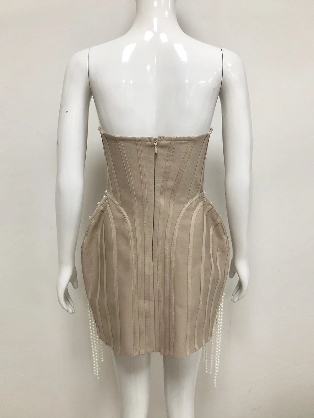 Ladies Luxury Bead Tassels Strapless Backless Design Celebrity Party Club Khaki Sleeveless Sexy Mini Bandage Dress 2025 New