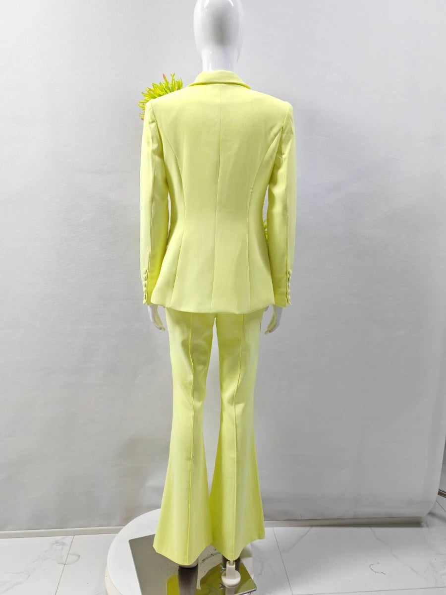 Solid Slimming Spliced 3D Flower Two Piece Sets for Women Lapel Long Sleeves Patchwork Button Top Pant Set Female