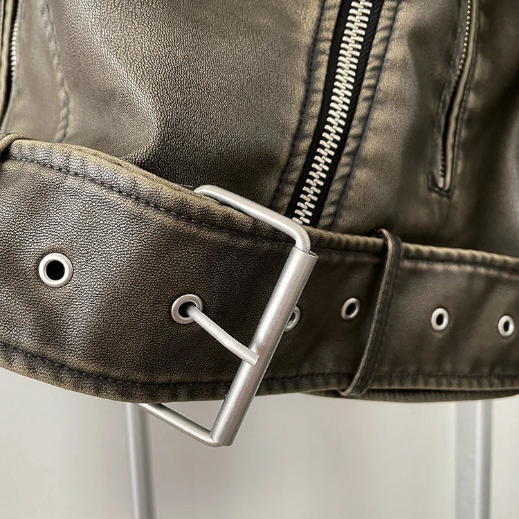 Lautaro-Women's Short Loose PU Leather Biker Jacket, Zipper , Retro Female Streetwear, European Fashion, Cool, Spring, Autumn,