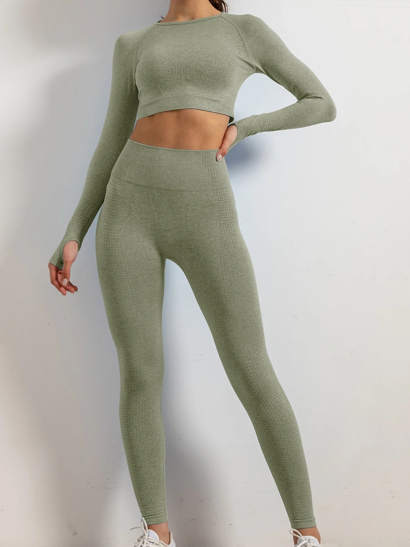Set of 2 Women's Seamless Yoga Suit with Thumb Holes Long Sleeve Tops Gym Wear Fitness Workout Yoga Wear Leggings Long Pants green