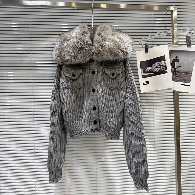 Winter New Street Style Faux Fur Collar Pocket Thick Knit Sweater Jacket For Women Single-breasted Cardigan 11A07488 Gray One Size